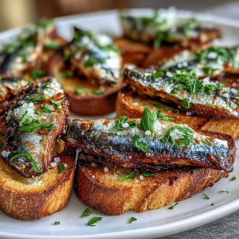 Golden baguette slices with sardines, lemon juice, and herbs, perfect for entertaining.  