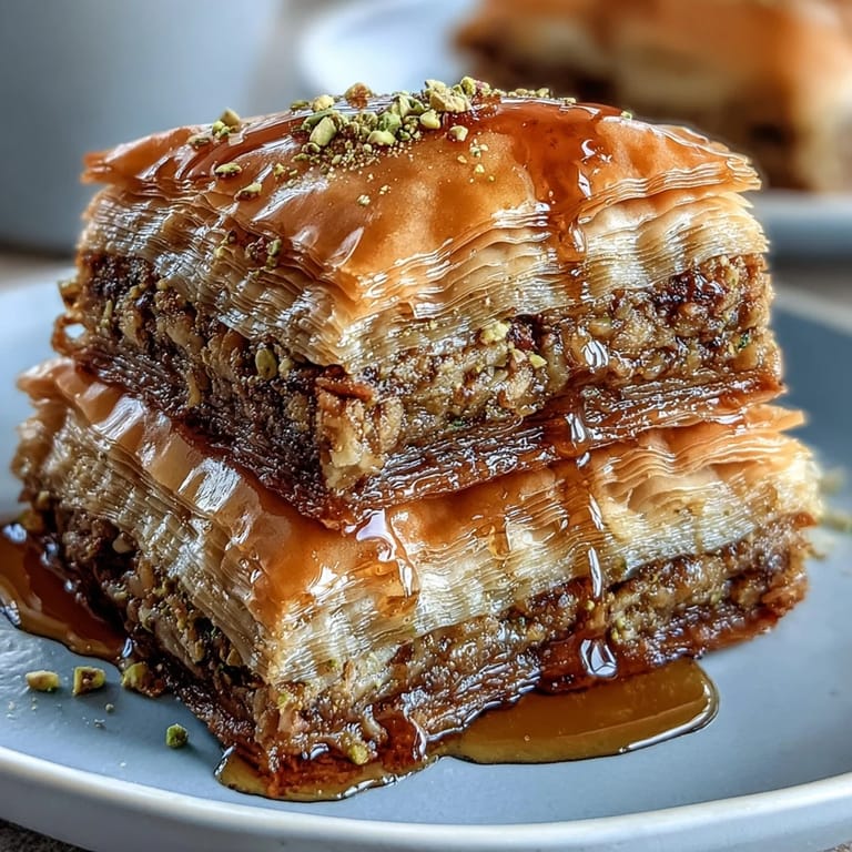 Rich, flaky Pistachio & Honey Baklava with aromatic cinnamon and honey drizzle, cut into diamond shapes for an elegant dessert.