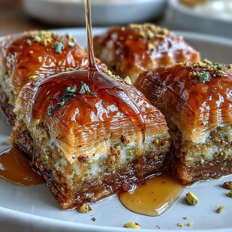 Baked Pistachio & Honey Baklava showcasing buttery phyllo, crunchy pistachios, and a sweet honey glaze, perfect for sharing at gatherings.