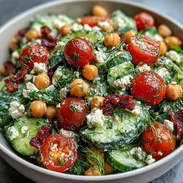 Protein-packed chickpea salad with crunchy cucumbers, juicy tomatoes, and creamy feta, finished with fresh herbs and zesty lemon dressing.  