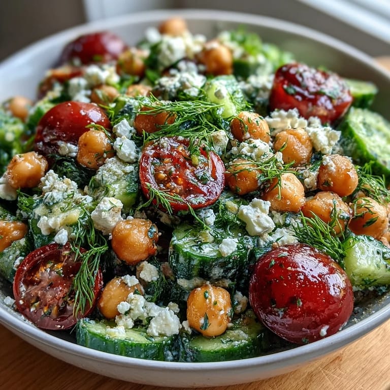 Easy vegetarian salad featuring chickpeas, crisp cucumbers, sweet tomatoes, and tangy feta, drizzled with olive oil and lemon for a healthy meal.