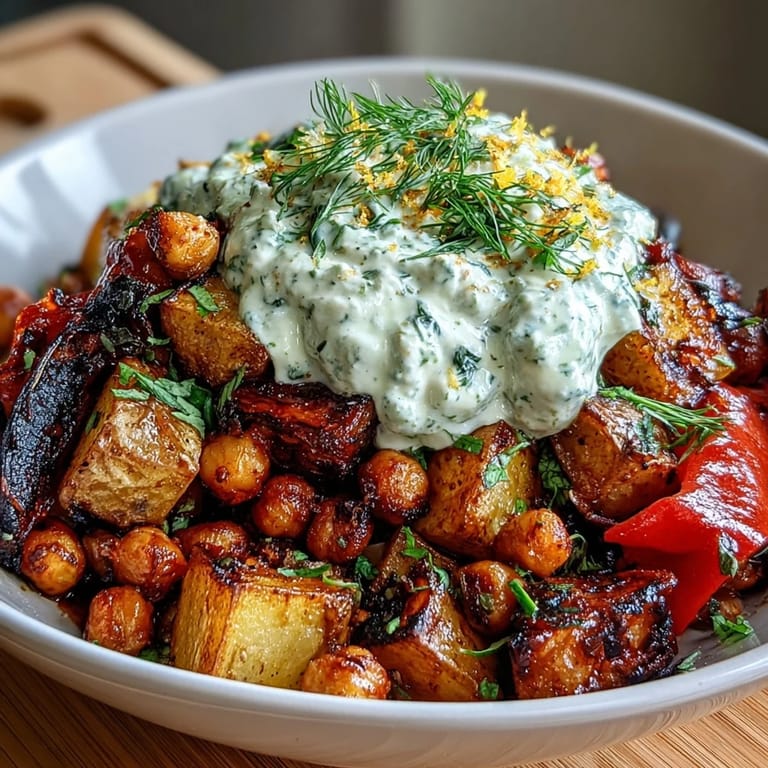 2. Golden roasted potatoes, bell peppers, onions, and chickpeas atop a rich, herb-infused tzatziki sauce in this vibrant Mediterranean bowl.  