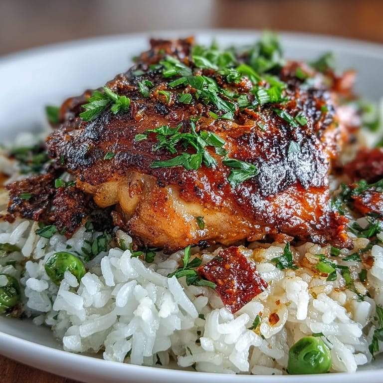Flavorful one-pot Portuguese chicken and rice, featuring juicy thighs, aromatic spices, and colorful bell peppers for a satisfying meal.