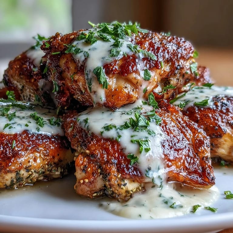 Juicy zaatar-spiced chicken thighs with a luscious tahini-garlic drizzle, garnished with chopped parsley and lemon.  