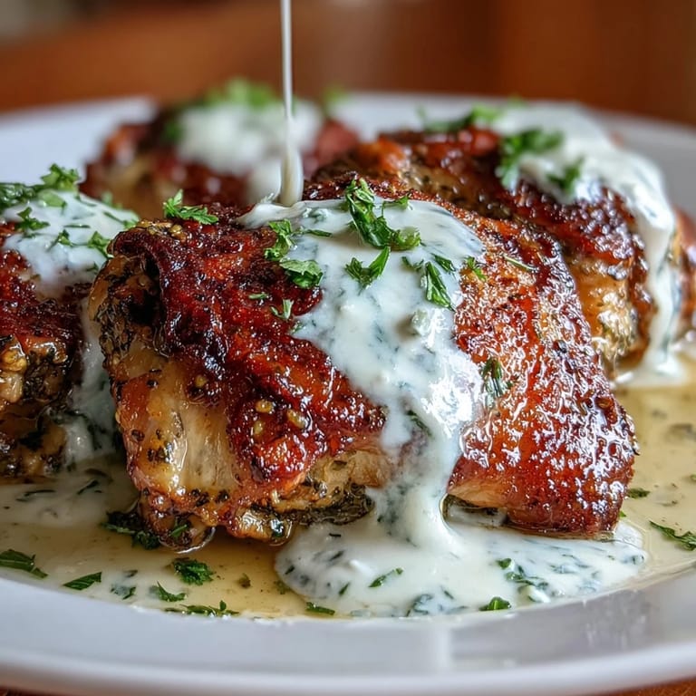 Crispy-skinned zaatar chicken thighs served with rich tahini-garlic sauce and a sprinkle of fresh parsley.
