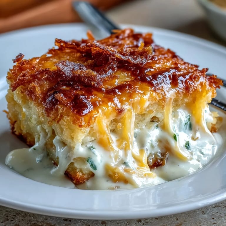A comforting hashbrown casserole with layers of melted cheese and sour cream, inspired by the classic Cracker Barrel recipe.  