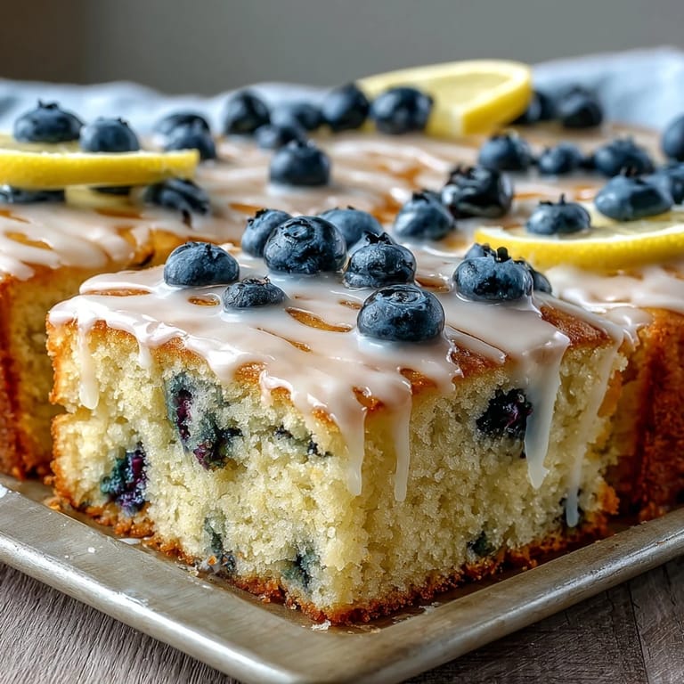 Fluffy lemon cake dotted with juicy blueberries, drizzled with a delicate lemon icing, perfect for a cheerful celebration.
