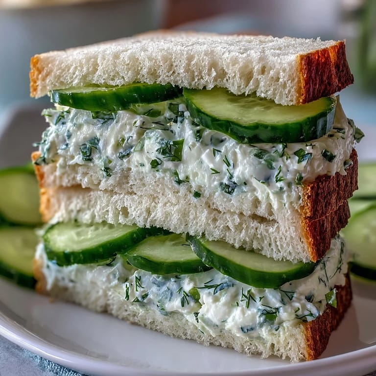Crisp cucumber slices layered between soft white bread with fragrant herbed cream cheese spread, ideal for light appetizers or brunch.