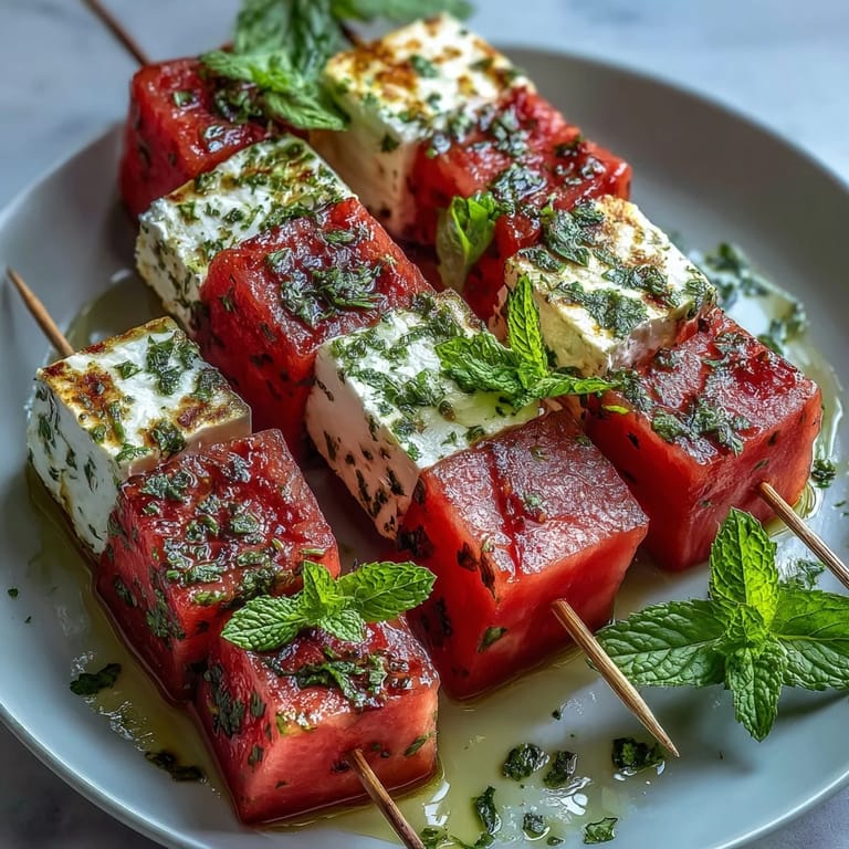 Colorful skewers of juicy watermelon cubes, creamy feta, and fragrant mint leaves, perfect for easy Mediterranean entertaining.  