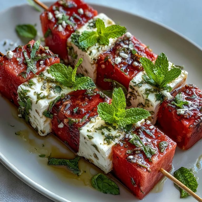 Chilled watermelon and feta skewers garnished with mint, showcasing a delightful mix of sweet and savory flavors in every bite.