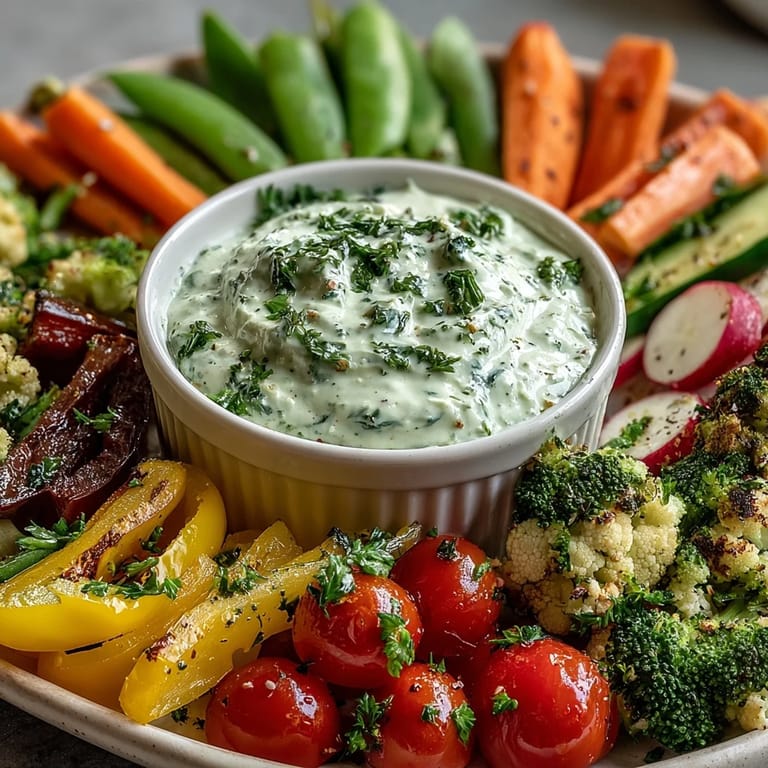 Colorful array of fresh vegetables arranged with a bowl of herb-packed Green Goddess dip for dipping.  