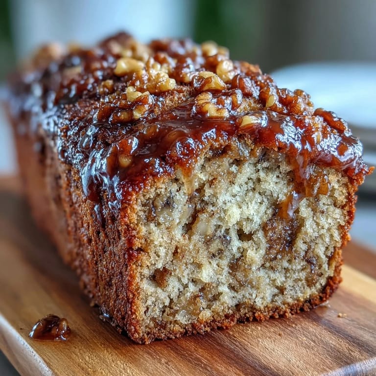 Slice of sourdough discard banana nut bread topped with crunchy brown sugar crust, served warm with a pat of butter.