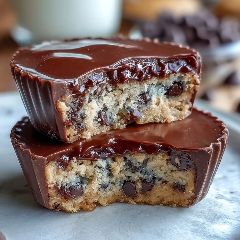 Decadent homemade peanut butter cups stuffed with safe-to-eat chocolate chip cookie dough, combining two classic desserts in one irresistible, bite-sized treat.