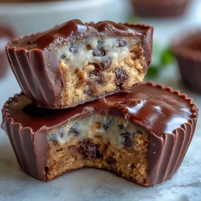 Close-up view of cookie dough stuffed peanut butter cups with glossy chocolate coating, revealing the creamy peanut butter and cookie dough filling inside.