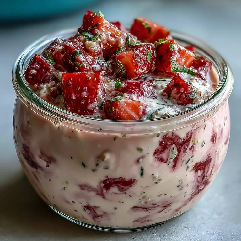 Creamy overnight oats layered with strawberries, lemon zest, and poppy seeds, served chilled with a vibrant citrus aroma and crunchy texture.  