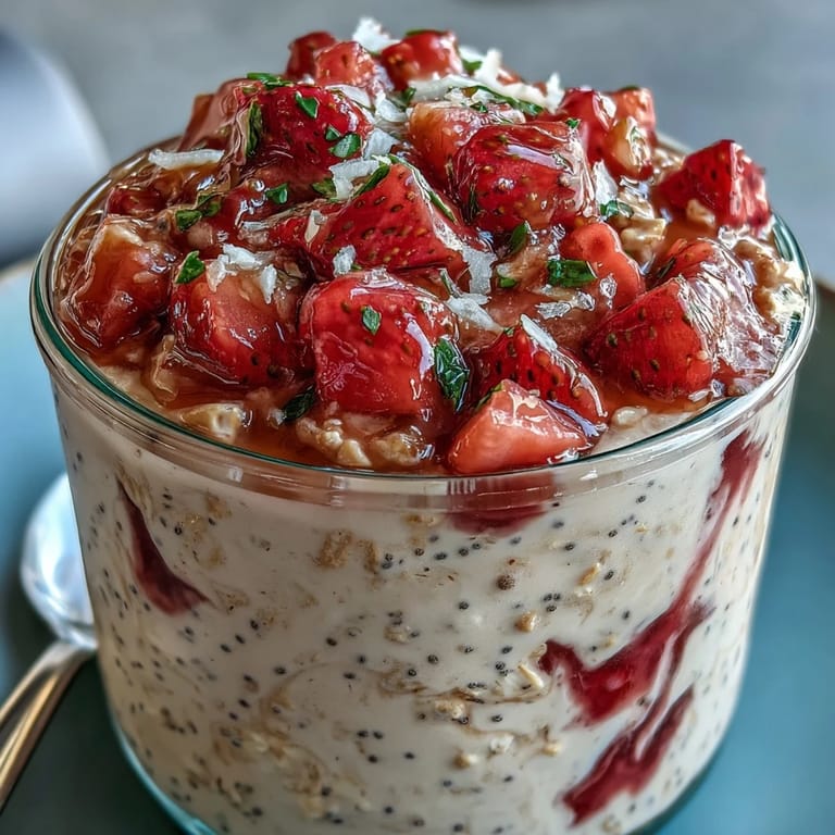A healthy vegetarian breakfast of strawberry lemonade overnight oats garnished with poppy seeds and lemon zest, perfect for a quick morning meal.
