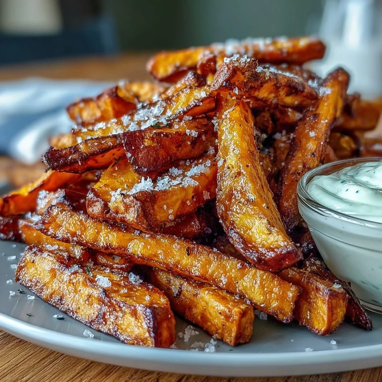 Healthy air fryer sweet potato fries, perfectly crisp and served alongside rich garlic aioli.