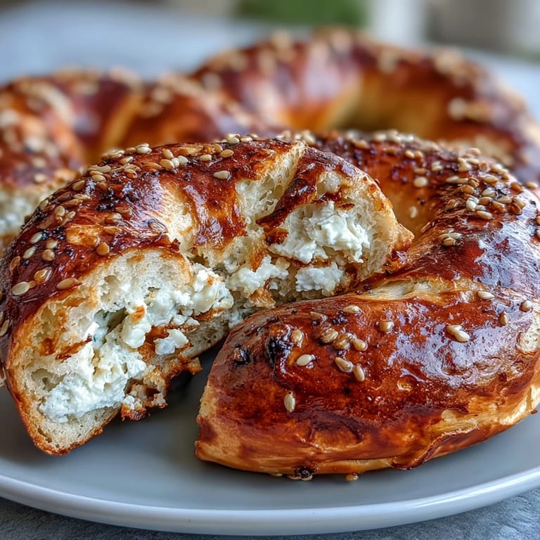Four golden cottage cheese protein bagels with sesame seeds, perfect for a healthy breakfast.