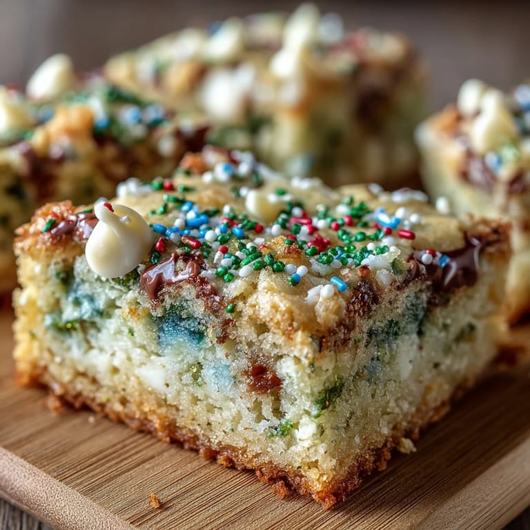 Buttery St. Patrick's Day cookie bars layered with rainbow sprinkles and white chocolate chips, creating a vibrant and festive dessert.