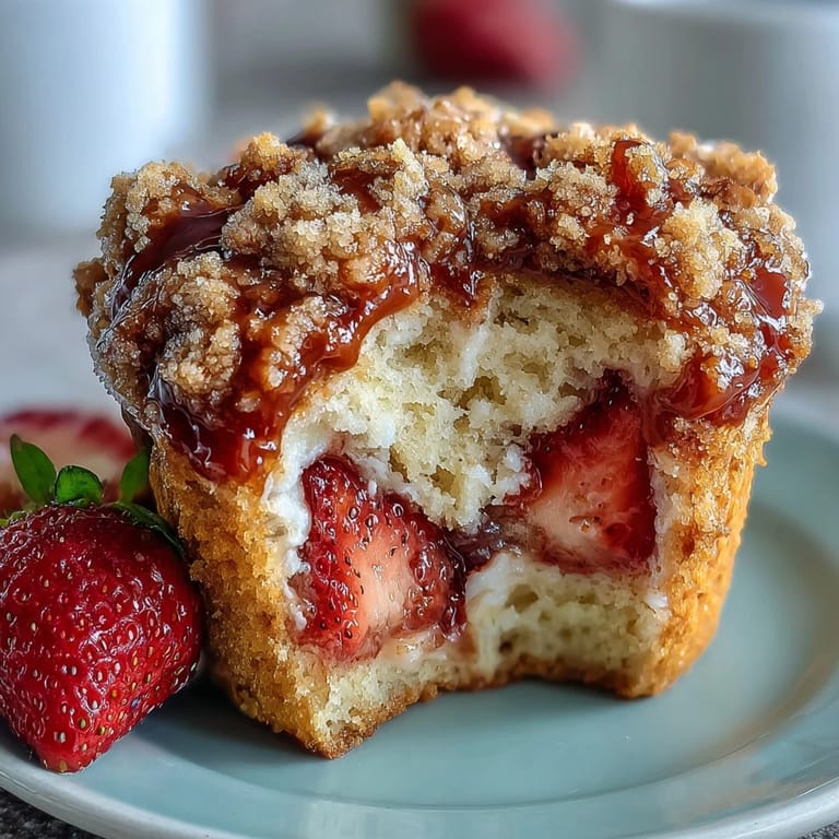 Warm strawberry muffins bursting with fresh berries and finished with a crisp, cinnamon-spiced crumble.