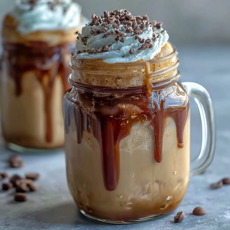 Coffee-infused Vanilla Bean Frappuccino Overnight Oats in a jar, topped with chocolate chips and caramel drizzle