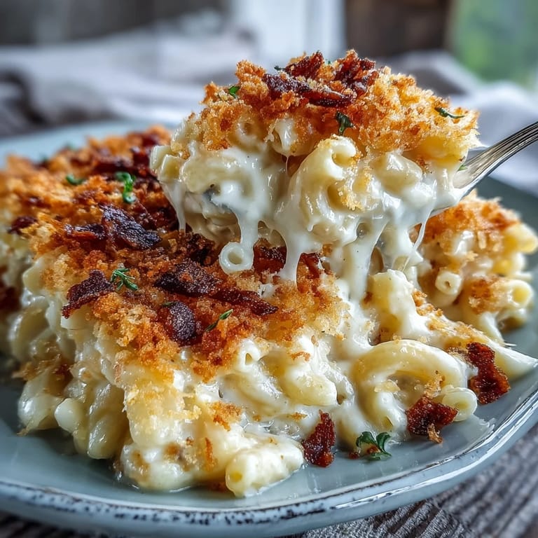Warm, cheesy baked mac and cheese with a smoky, crunchy breadcrumb crust, perfect for comforting family dinners.