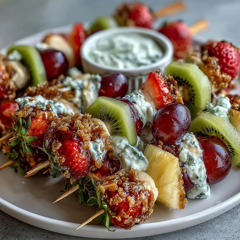 Bright bento box with fresh fruit skewers, creamy vanilla yogurt dip, and mini sandwiches—ideal for happy, healthy kids' meals.