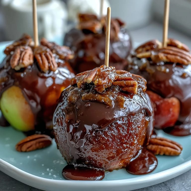 Bite-sized apple wedges coated in caramel and topped with dark chocolate for a fun treat.