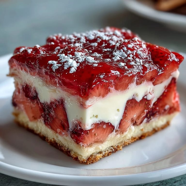 Tangy-sweet strawberry lemonade filling layered over golden shortbread crust, perfect for picnics and spring gatherings.