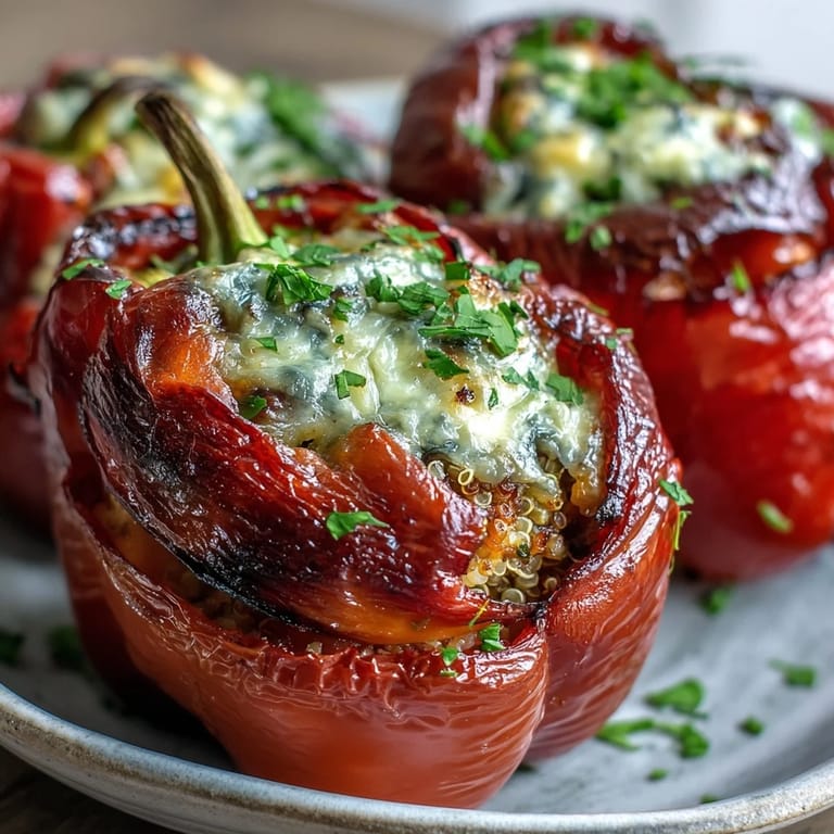 Vibrant bell peppers stuffed with herbed quinoa, zucchini, and tomatoes, creating a healthy and satisfying gluten-free main course.