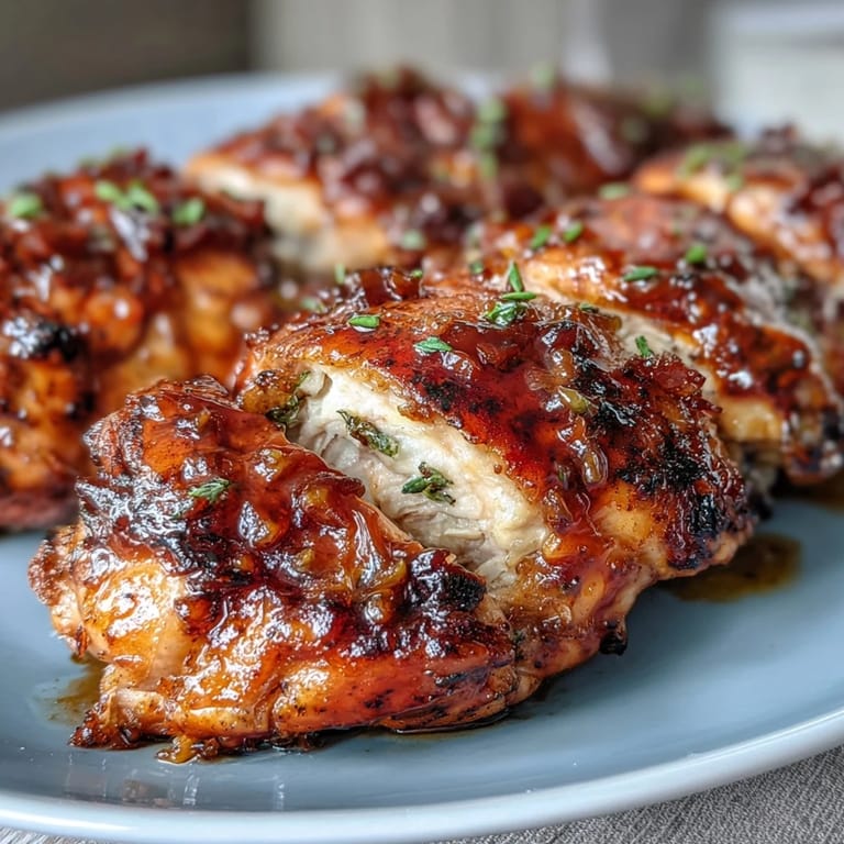 Sweet and savory honey garlic chicken thighs sizzling on the grill, served with fresh herbs and lemon wedges for a flavorful outdoor meal.