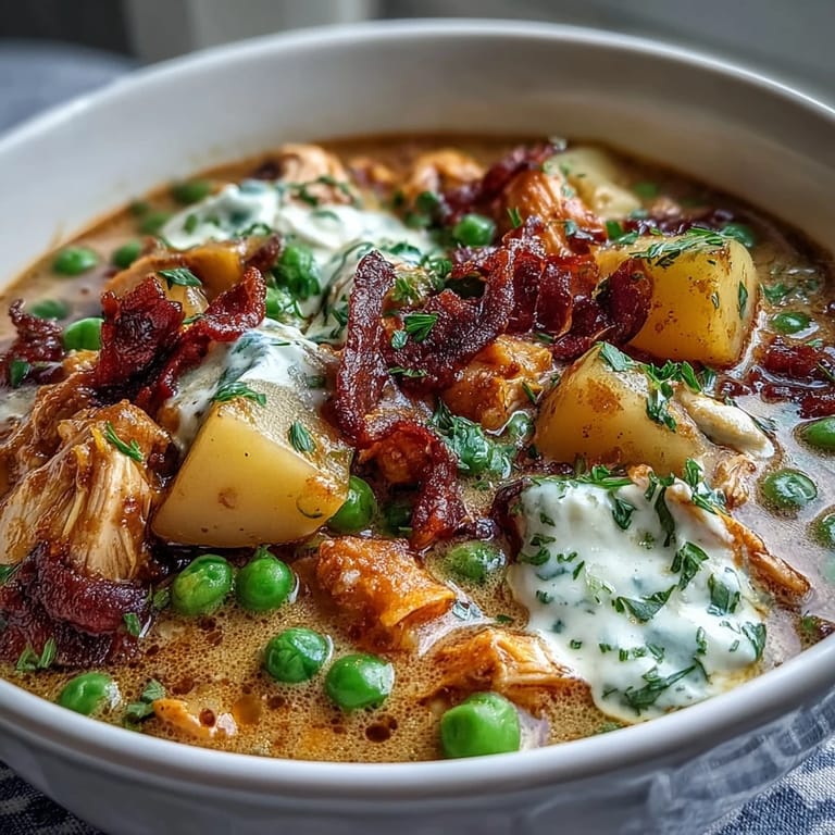 Slow Cooker Chicken Pot Pie Soup featuring shredded chicken, potatoes, carrots, and peas in a rich, creamy base, garnished with fresh parsley and served hot.