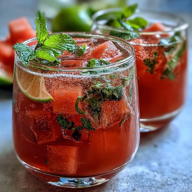 Chilled watermelon mint vodka spritz mocktail with sparkling water, garnished with lime and mint, perfect for summer gatherings.