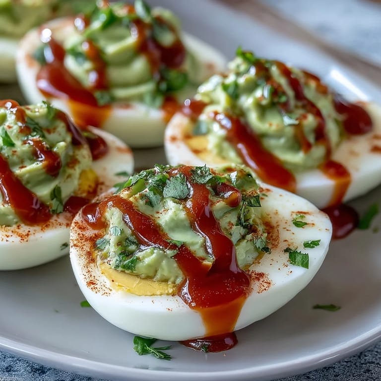 Vibrant deviled eggs with avocado filling and zesty Sriracha kick, garnished with cilantro and paprika.