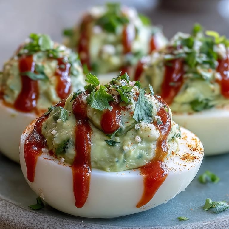 Healthy avocado deviled eggs drizzled with Sriracha sauce, perfect for parties or a quick snack.