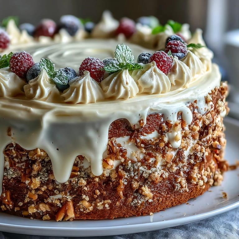 Elegant Easter dessert trio featuring carrot cake with cream cheese frosting, pavlova with fresh fruit, and tangy lemon tart.