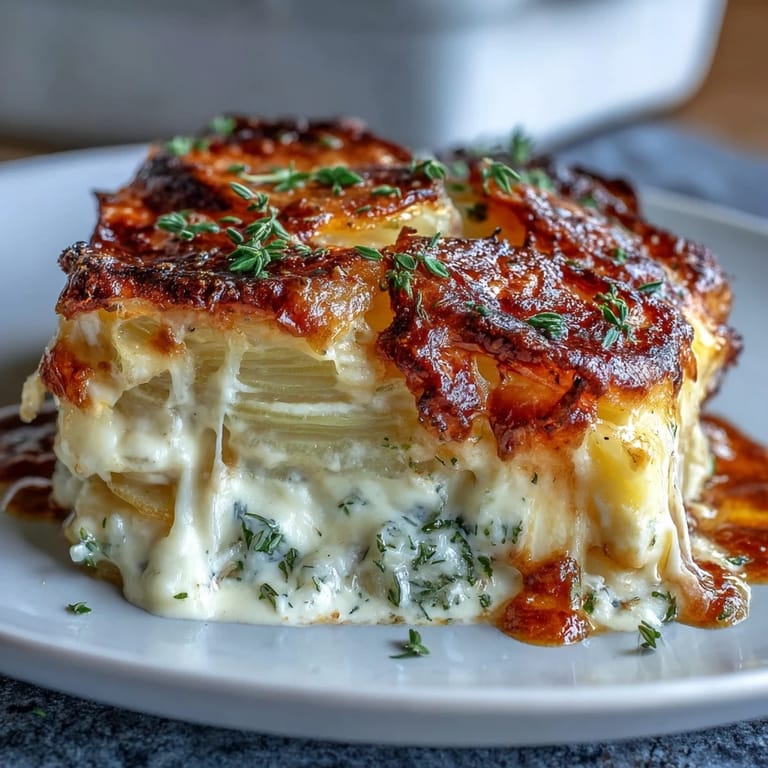 Layers of Yukon Gold potatoes baked in a velvety Gruyere cream sauce, topped with melted Parmesan.  