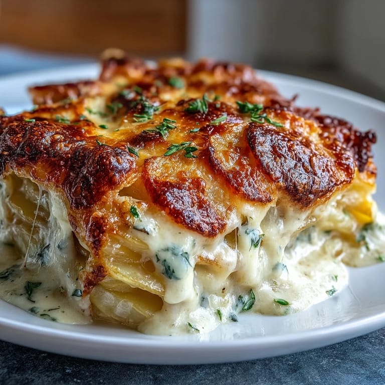 Elegant scalloped potatoes with Gruyere cheese, featuring silky potato slices in a fragrant, nutmeg-infused cream.