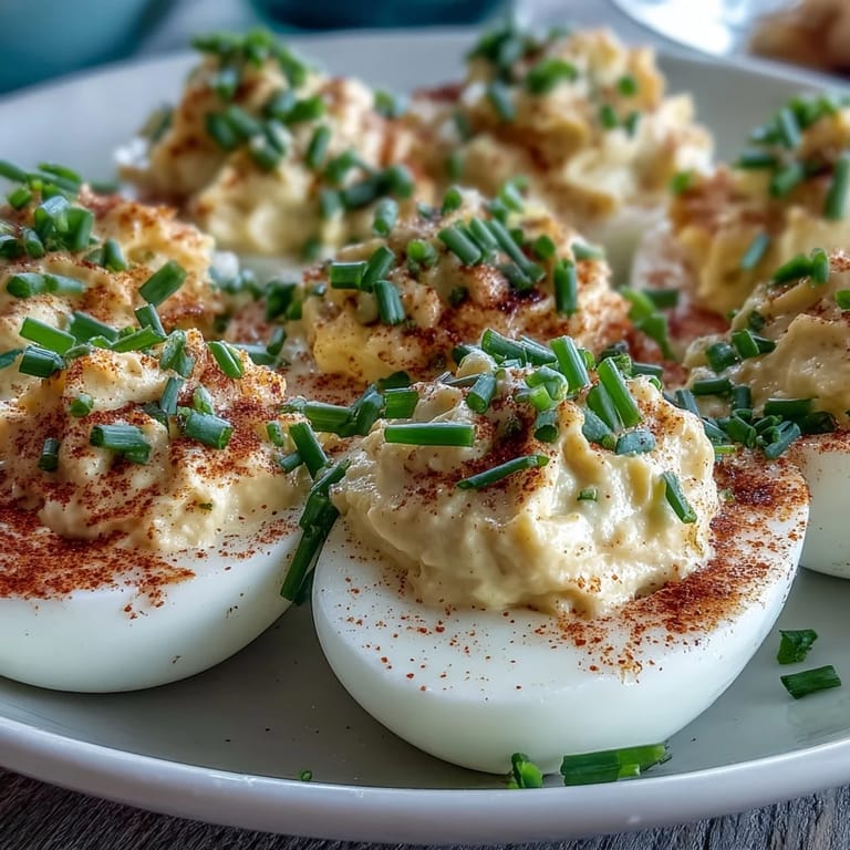 Classic Deviled Eggs with Paprika and Chives: A platter of elegant deviled eggs topped with vibrant paprika and chopped chives, perfect for parties.