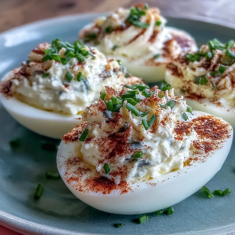 Classic Deviled Eggs with Paprika and Chives: Smooth, mustardy yolk filling in egg white halves, dusted with paprika and sprinkled with bright green chives.