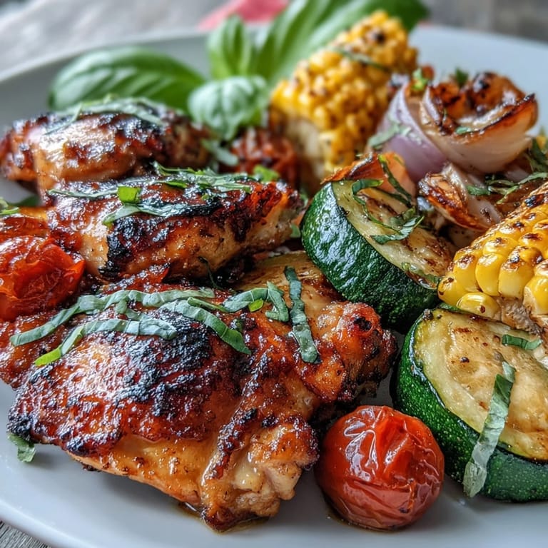 Colorful sheet pan dinner with tender chicken, sweet corn, zucchini rounds, and cherry tomatoes, roasted to perfection.