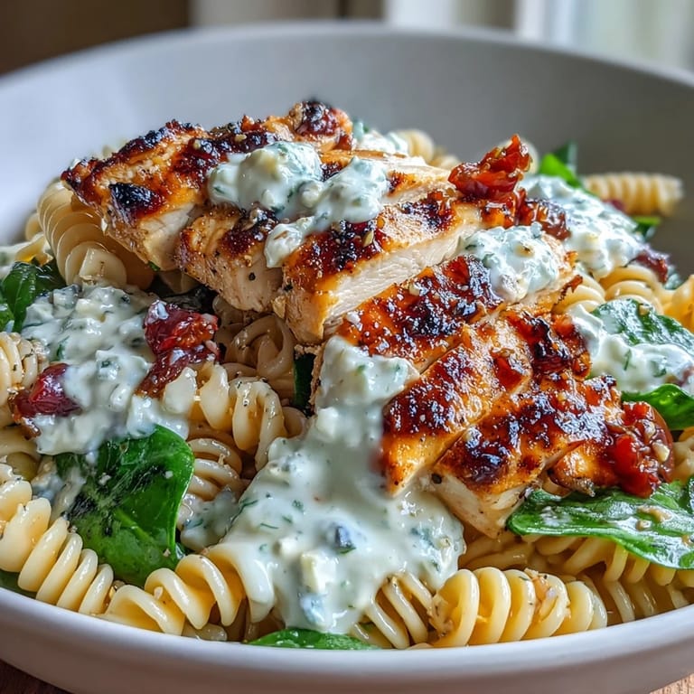Wholesome high protein pasta bowl featuring juicy chicken, cottage cheese, and vibrant baby spinach.