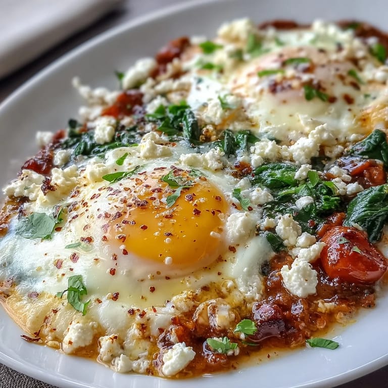 Colorful shakshuka with feta and spinach, showcasing perfectly poached eggs in a rich, spiced tomato base for a flavorful breakfast.