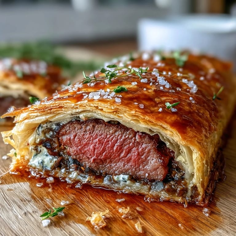 Elegant mini Beef Wellingtons wrapped in flaky golden pastry, each topped with rich mushroom duxelles and juicy beef medallion.