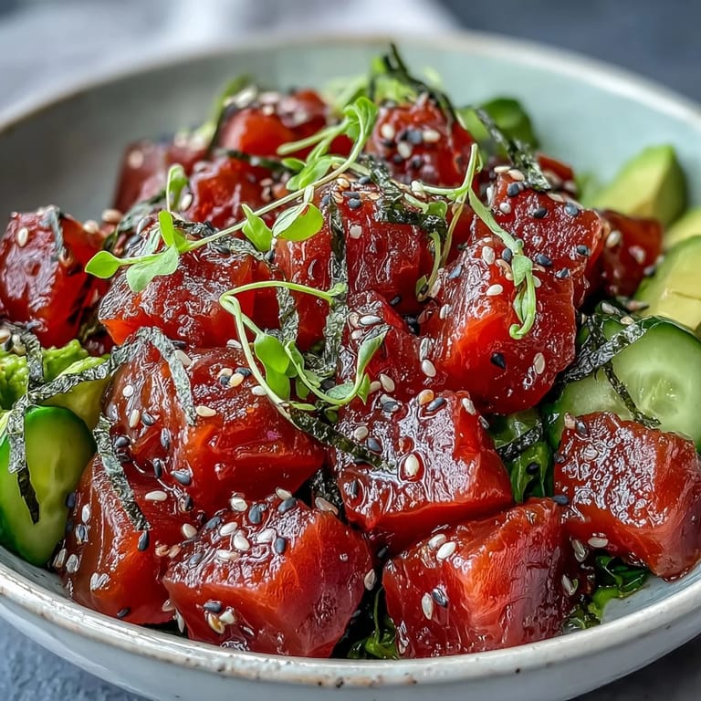 Vibrant poke bowl featuring sushi-grade tuna, crunchy vegetables, and a bright ponzu dressing, perfect for a light and refreshing spring meal.