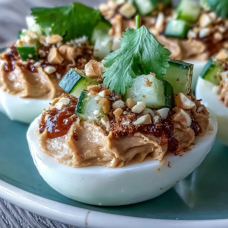 Spicy Thai Peanut Deviled Eggs: deviled eggs filled with creamy peanut sauce, garnished with cucumber relish and crushed peanuts for a flavorful bite.