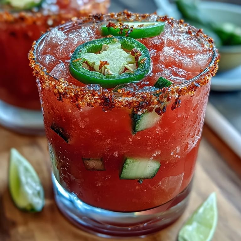 Refreshing alcohol-free margarita mocktail featuring juicy watermelon and a subtle jalapeño kick, garnished with lime and chili salt.