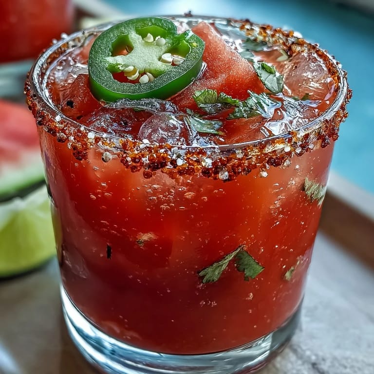 Festive watermelon jalapeño margarita mocktail served over ice with fresh watermelon wedges and spicy jalapeño slices.