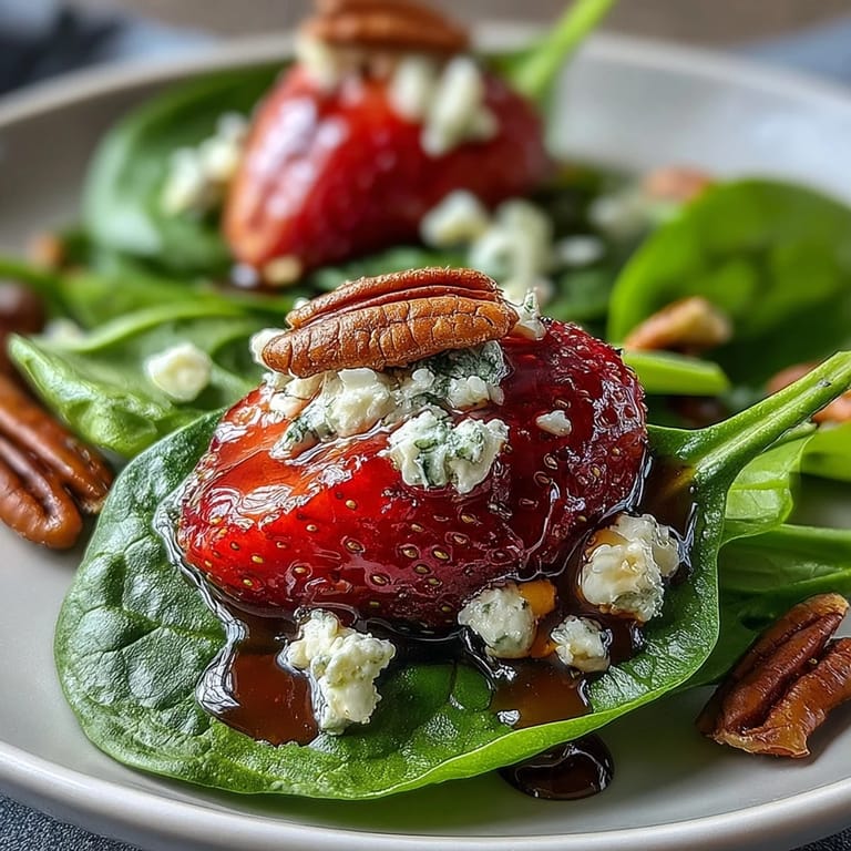 Bright, colorful strawberry spinach spring salad topped with juicy strawberries, crumbled goat cheese, and crunchy toasted pecans.