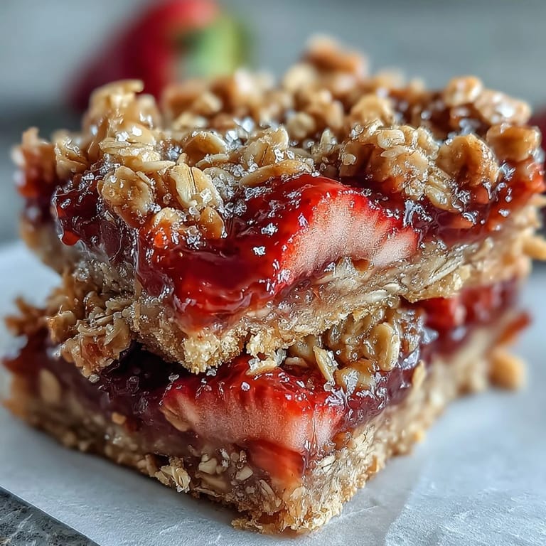 Layered Strawberry Rhubarb Crumble Bars showcasing tangy-sweet fruit nestled between crumbly, golden oat layers in a rustic pan.  
